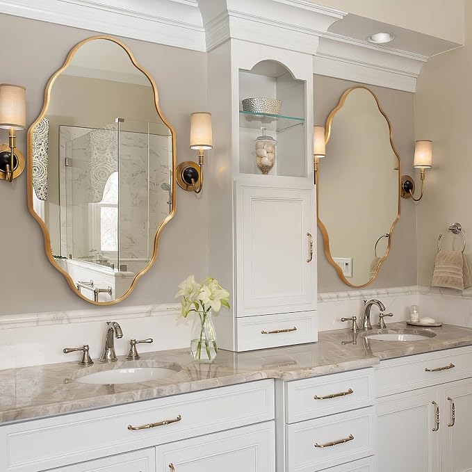 Scalloped Mirror for Bathroom - 20"x36" Gold Bathroom Mirror with Aviation Aluminum Alloy Frame & Shatter-Proof Glass for Living Room Bedroom Entryway, Brushed Gold Frame(x1)