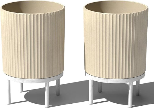Veradek Demi Series Round Planter w/Stand for Porch/Patio | Durable Plastic-Stone Composite & Wooden Stand | Modern Décor for Tall Plants, Flowers
