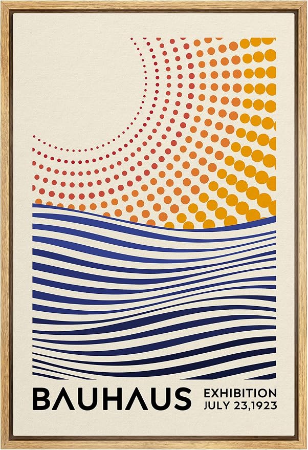 MUDECOR Framed Canvas Print Wall Art Mid-Century Bauhaus Geometric Sun & Ocean Shapes Abstract Illustrations Modern Art Minimal Multicolor Relax/Calm for Living Room, Bedroom, Office - 24"x36" NATURAL