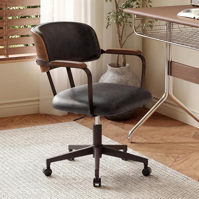 Mid-Century Modern Desk Chair with Walnut Bentwood Design,Retro Home Office Chair with Adjustable Height,360°Swivel,Smooth Rolling Casters,Small Computer Chair PU Leather (Black)