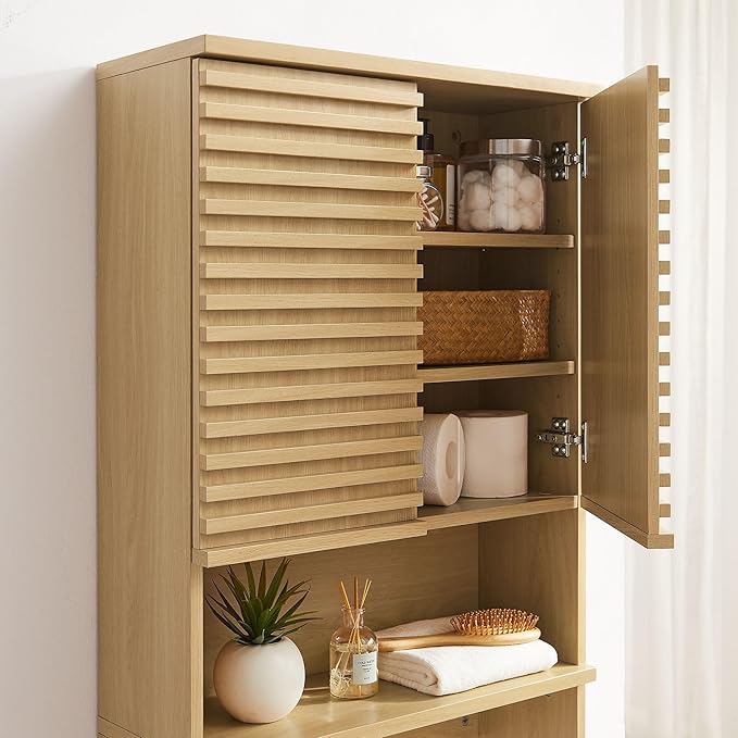 Modway Render Over The Toilet Storage Cabinet in Oak - Modern Bathroom Organizer with Open Shelf, 2 Soft-Close Doors, Wall Cabinet for Above Toilet Storage - Linen Cabinet with Adjustable Shelves