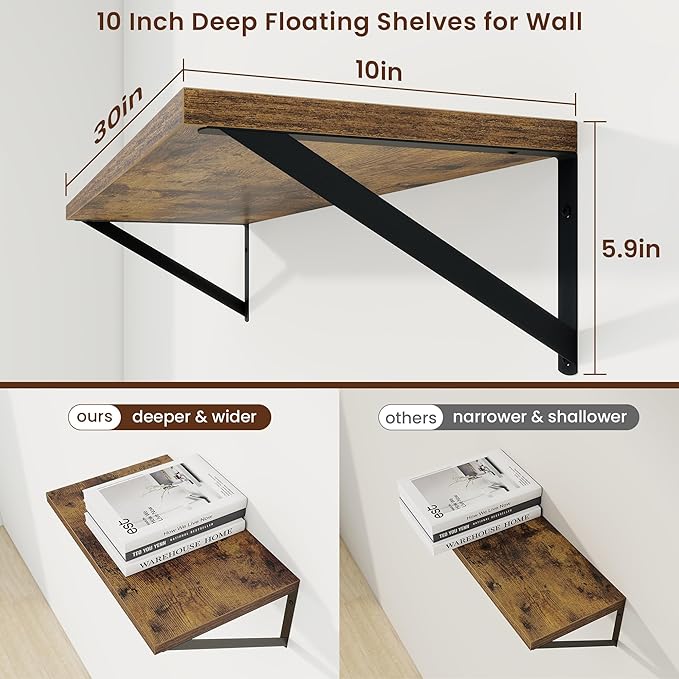 Axeman 30 Inch Floating Shelves | 10 Inch Deep Brown Wall Shelves Set of 2 | 30" W x 10" D Rustic Brown Floating Shelves for Living Room Bathroom Kitchen