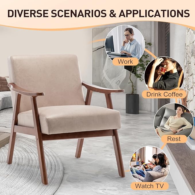 Furnimart Beige Accent Chair, Mid Century Modern Living Room Chair with Wood Frame, Comfy Armchair Wingback Chair for Office Study Vanity Bedroom Waiting Room