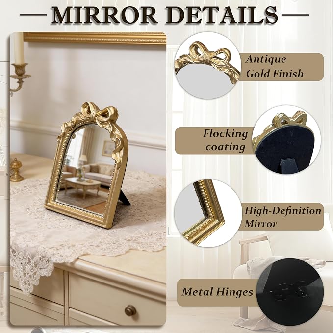 Vintage Carved Resin Desk Mirror - 8x6 Inch Decorative Vanity Mirror for Makeup, Dorm, Bedroom & Tabletop Deco (Bow Gold, 8" L x 6" W)