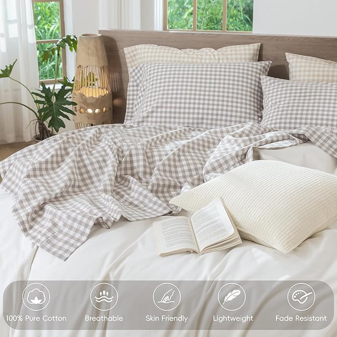 MooMee Gingham Sheet Set 100% Washed Cotton Linen Like Textured Breathable Soft w/Fully Elasticized 16-19" Deep Pocket (Classic Gingham Tannish Linen Grey, Queen)