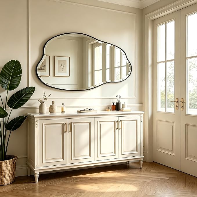 POZINO Large Irregular Beveled Mirror, 53.5"x27" Asymmetrical Vanity Wall Mirror with Metal Frame, Organic Shape Mirrors for Entryway Bathroom Living Room Bedroom, Horizontal/Vertical Hanging