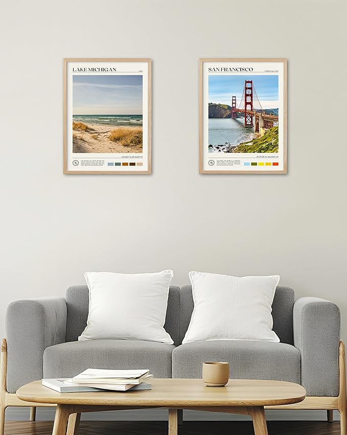 HesenDot Natural OAK Wood Lake Michigan Framed Wall Art,12x16in Natural Scenery Canvas Wall Print,Classic Urban City Landmark Wall Decor for Living Room,Bedroom,Office Gallery Gifts Set of 1