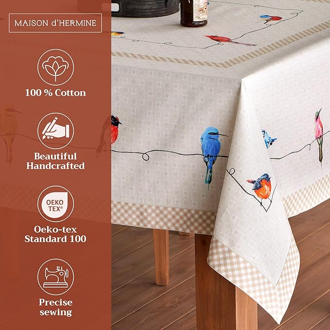 Maison d'Hermine Table Cloth Rectangle Table 100% Cotton 60 x 108 Inches Tablecloth Reusable Decorative for Dining Room, Farmhouse, Home, Party, Festive & Wedding Spring Summer - Birdies on Wire