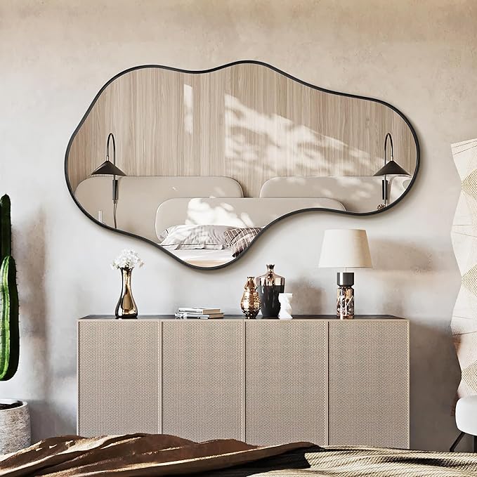 Irregular Wall Mirror - Wall Mirrors Decorative 22"x 36" Asymmetrical Abstract Mirror Aviation Aluminum Alloy Frame Unique for Bathroom, Bedroom, Living Room, Cloakroom, Entryway Black