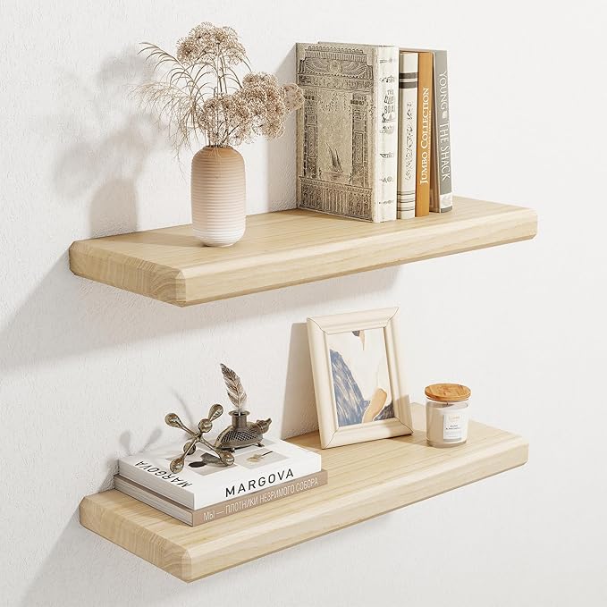 Axeman 24Inch Natural Wood Floating Shelves for Wall|Rustic Wooden Shelves for Bedroom Kitchen Bathroom|Storage Shelf with Invisible Bracket for Wall Mounted|Set of 2|Natural Color