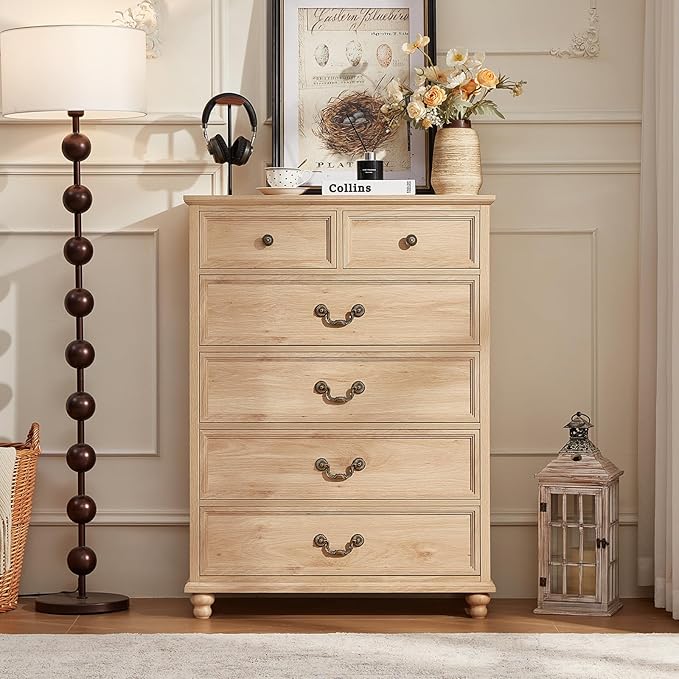 Farmhouse 6 Drawer Dresser Set of 2 for Bedroom, 42" Tall Rustic Chests of Drawers w/ 4 Solid Wood Feet, Mid Century Vintage Wooden Closet Storage Dressers Organizer for Living Room,Natural