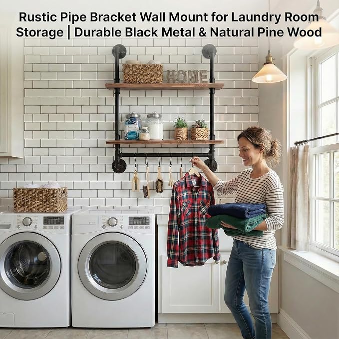 ROGMARS 2 Tier 24" Extra Deep Industrial Pipe Floating Wall Shelves | Rustic Pine Wood Pipe Bathroom Shelves with Towel Bar | Industrial Pipe Shelving for Small Space Storage