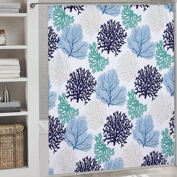 Nautical Coastal Shower Curtains,Blue Teal Beach Ocean Theme Shower Curtain for Bathroom Decor,Summer Tropical Seashell Starfish Coral Fabric Shower Curtain Set with Hooks,72x84Inch