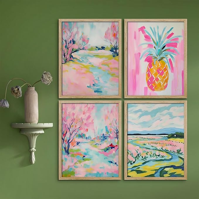 SIGNWIN Framed Vibrant Landscape and Pineapple Colorful Preppy Room Decor Pink Decor Digital Art Modern Art Decorative Multicolor Scenic for Bedroom - 8"x10"x 4 Natural