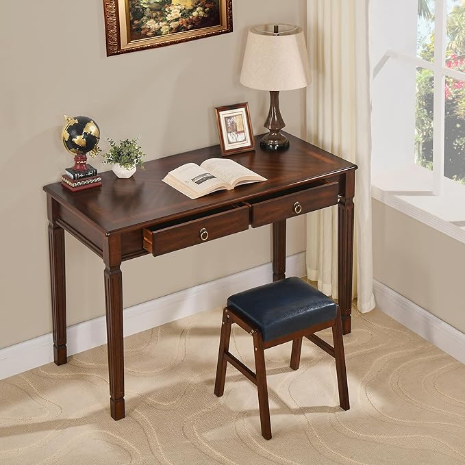 Solid Wood Writing Desk, Home Office Desks with 2 Storage Drawers, 46.1" Mid-Century Modern Walnut Tables, Secretary Desk for Home Office, Easy Assembly Vanity Desk, Study Table Station BSZD1258