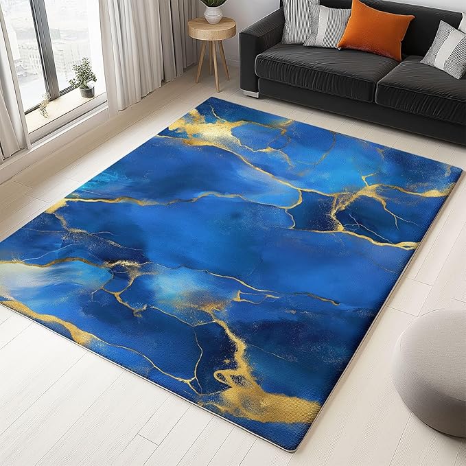 Blue 3 x 5 ft Area Rug Machine Washable Carpets, Soft Abstract Marble Gold Texture Print Carpet Non-Slip Doormat - Low-Pile Rugs for Living Room Bedroom Kitchen Dining Room Hallway