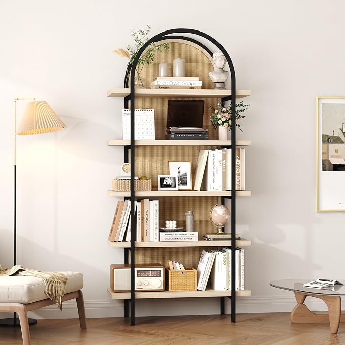 Yusong Bookshelf Rattan 5 Tier Arched Bookcase, 74" Tall Industrial Open Book Shelves for Living Room, Modern Freestanding Display Shelving Boho Storage Rack with Metal Frame for Office, Brown