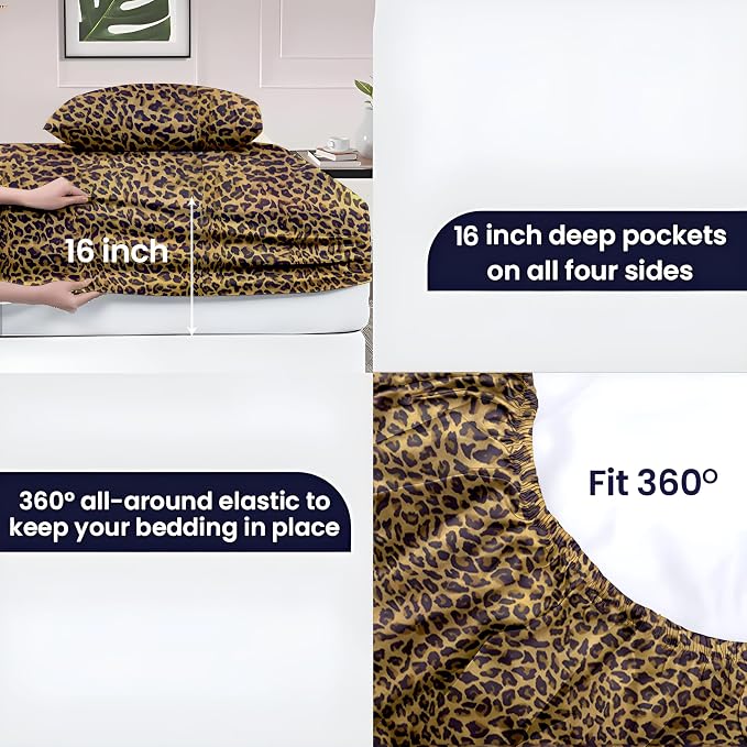 SGI Split King Sheet Set for Adjustable Bed Egyptian Premium Cotton 600 Thread Count Sheets for Sleep Number Bed 15" Deep Pocket 5 Pc Set with 2 Twin XL Fitted Sheets Soft Breathable -Leopard Print