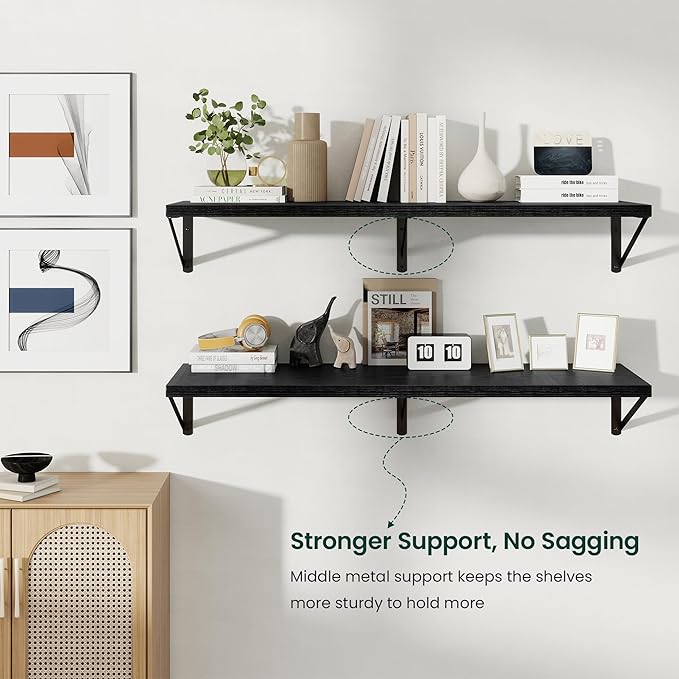 Floating Shelves, 12 Inch Deep Rustic Wood Wall Storage, 48W x 12D Wall Shelves Set of 2, Heavy Duty Metal Brackets, Large Industrial Book Shelf for Living Room, Kitchen, Bedroom, Black
