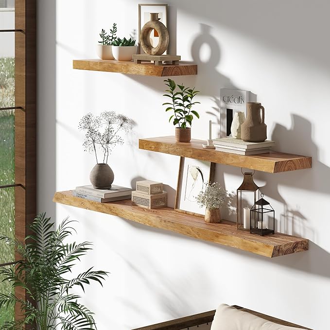 Rustic Wood Floating Shelves for Wall Decor, Reclaimed Elm Wood Live Edge Shelves 48 Inch Long, 8 Inch Deep Floating Shelf for Living Room Bathroom Bedroom, 48 x 8 Wall Shelves Set of 1, Natural Color