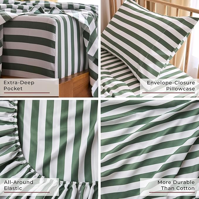 Mellanni Twin Sheets Set - 3 PC Iconic Collection Bedding - Hotel Luxury, Extra Soft, Cooling Bed Sheets - Wrinkle, Fade, Stain Resistant (Twin, Oxford Stripe Sage)