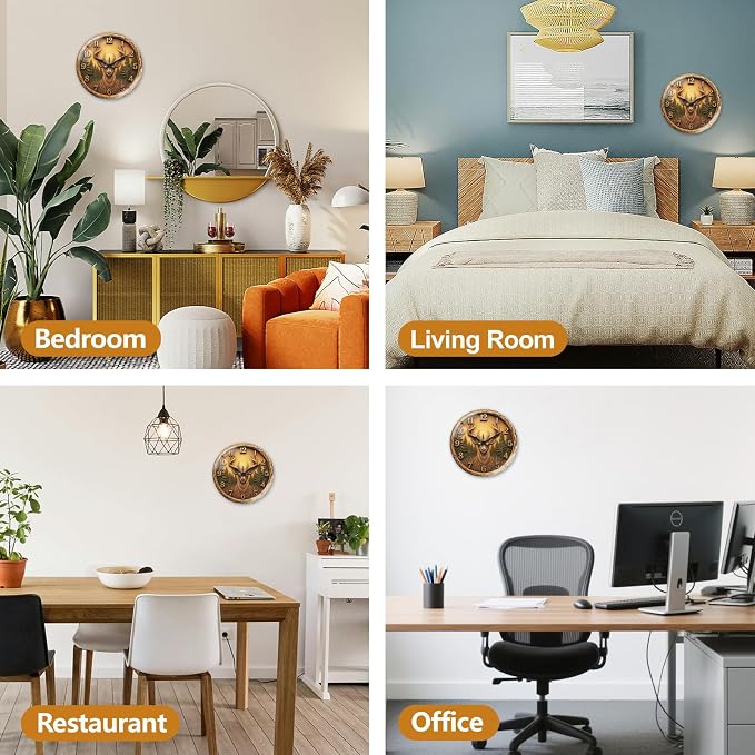peacoblue Wall Clocks Battery Operated 12 Inch 3D Wooden Deer Glass Round Wall Clock Non Ticking for Kitchen Living Room Dining Room Bedroom and Bathroom Decor Accessories (Battery not Included)