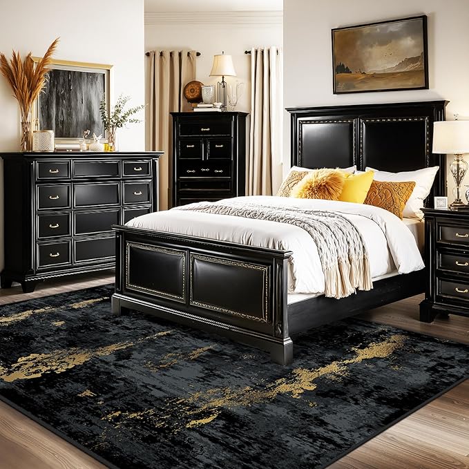 Washable Area Rugs 8'x10' Non-Slip Modern Abstract Soft for Living Room Entryway Bedroom Nursery, Print Pattern, Dark Black Gold