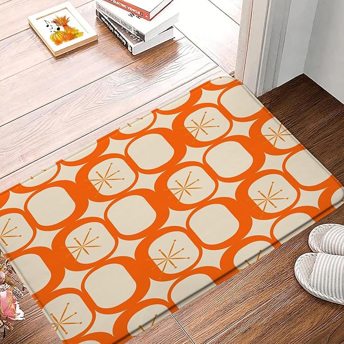 Mid Century Modern Bath Mat Abstract Atomic Geometric Retro 1950s Orange Bathroom Kitchen Toilet Rugs,20x31 Inch