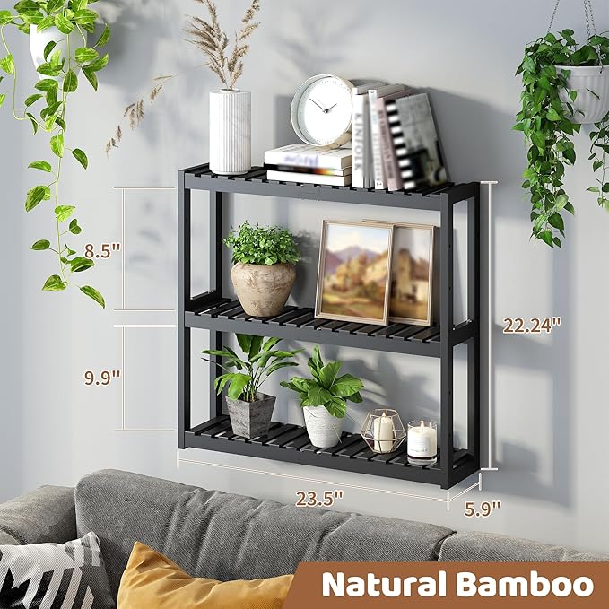 Bathroom Shelf Bamboo Organizer Rack Adjustable 3-Tier Storage Shelf Wall Mounted Storage Rack Over The Toilet Utility Shelves Living Room Kitchen Shelf(Black)