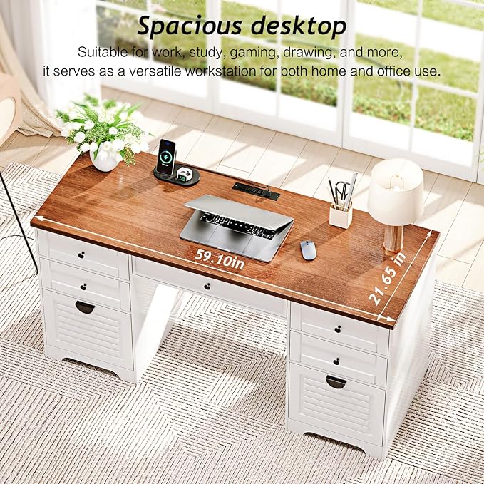 Ieejdn 59" Home Office Desks, Executive Desk, Farmhouse Computer Desk with 7 Drawers and Charging Station, File Drawer, Rustic Computer Writing Desk,Antique Cream