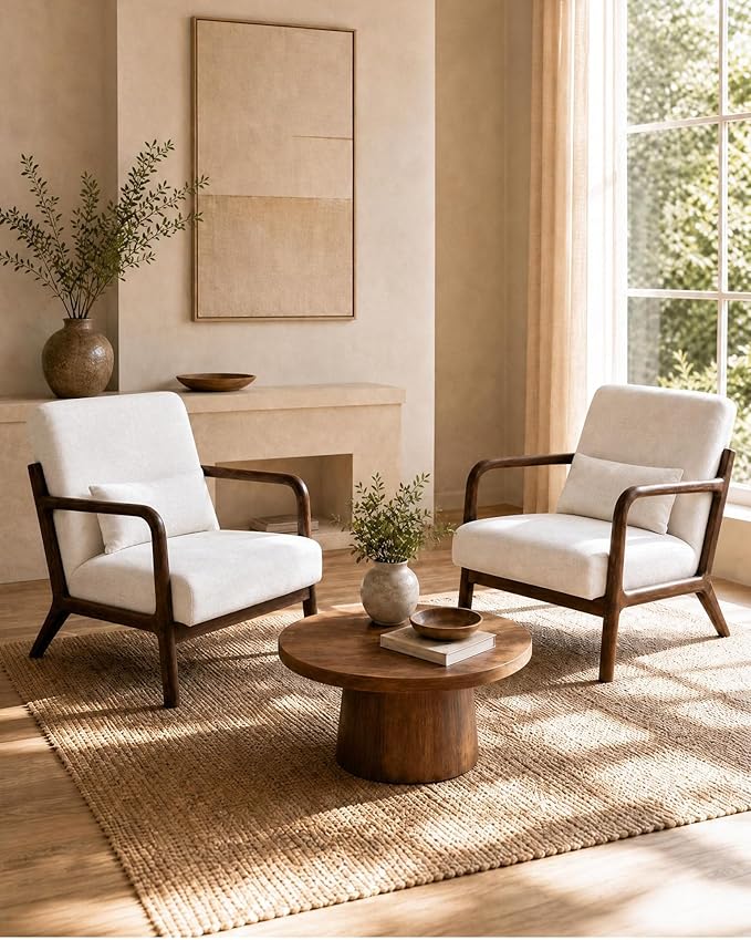 Garvee Mid-Century Chenille Accent Chair, Cozy Reading Chair, Modern Lounge Armchair with Lumbar Pillow, Solid Wood Frame, for Living Room, Bedroom, Office, Beige