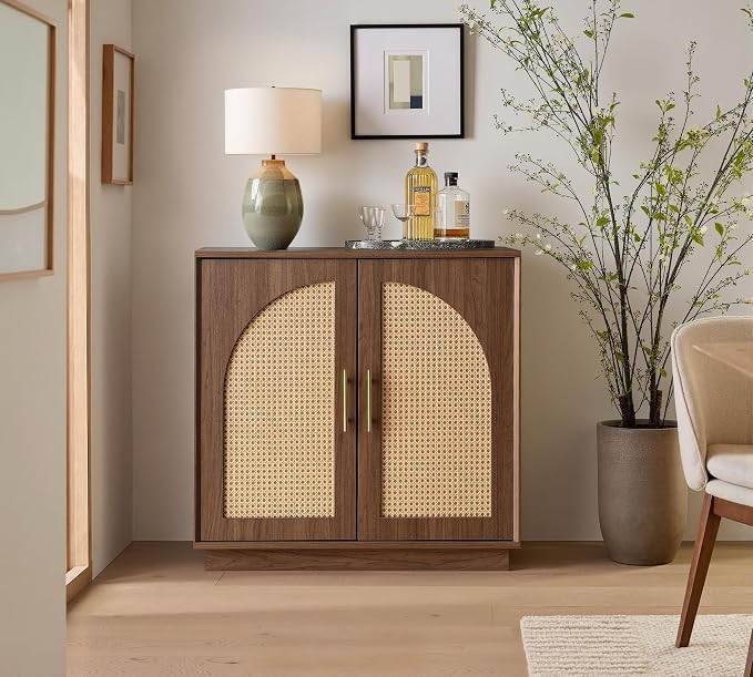 FORTUNETEC Sideboard Buffet Cabinet with Storage Set of 2, Modern Accent Cabinet with Rattan Arched Doors, Modular Media Console, Boho Credenza for Living Room Kitchen Dining Room Entryway, Walnut