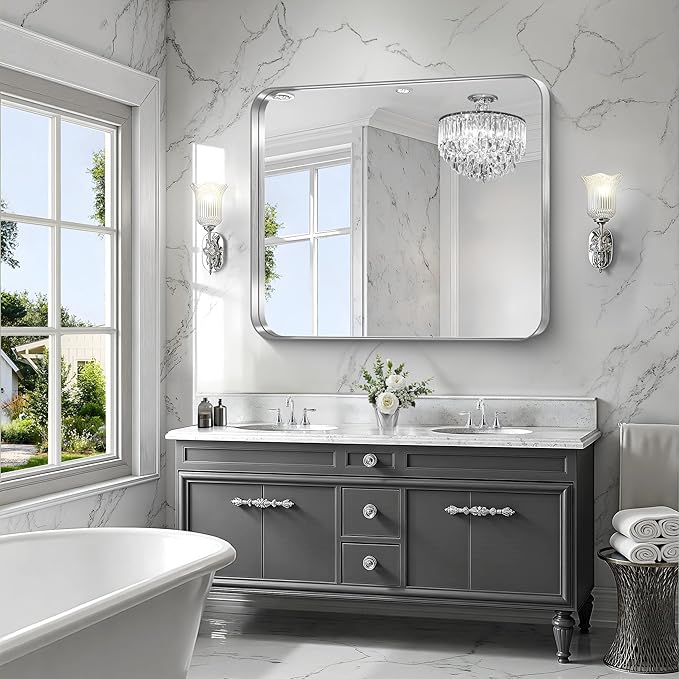 CIRCUMI Silver Bathroom Mirror, 40"x48" Rectangular Mirror with Deep Metal Frame, Rounded Corner, Tempered Glass, Large Mirror for Wall, Over 2 Sinks, Installed Vertically/Horizontally, Crystal-Clear