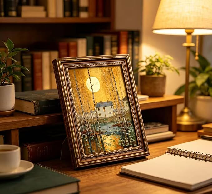 Vintage Gold Framed Minimalist Moon Canvas Wall Art，Retro Celestial Neutral Tone Textured Poster Artwork，Warm Tone Bohemian Wall Decor，for Bedroom Living Room Office，16x24in