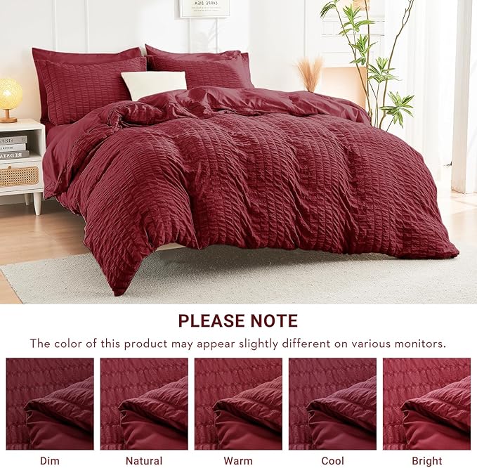 HYMOKEGE Burgundy Twin Comforter Set Seersucker 5 Pieces, All Season Luxury Bed in a Bag for Bedroom, Bedding Set with Comforters, Sheets, Pillowcase & Sham