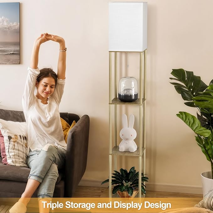 PARTPHONER Floor Lamp with Shelves for Living Room Natural Wood 2 Pack, Shelf Floor Lamp with 3 CCT LED Bulb, Corner Display Standing Column Lamp Etagere Organizer Tower Nightstand for Bedroom Office