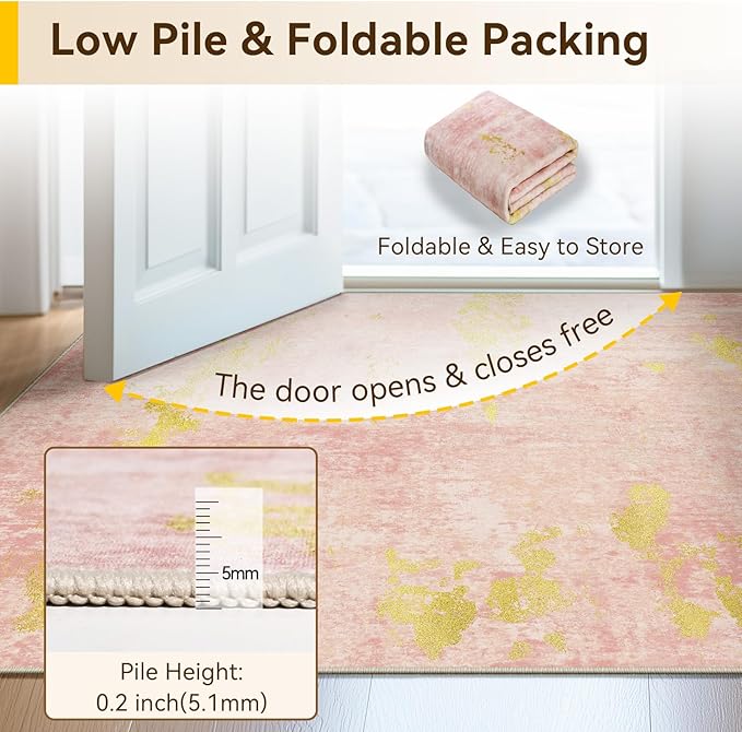 Washable Area Rugs 5'x7' Non-Slip Modern Abstract Soft for Living Room Entryway Bedroom Nursery, Print Pattern, Pink Gold/Golden