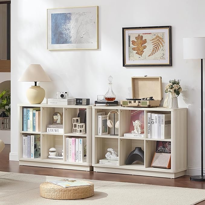 6 Cube Bookcase, 40" Wide Low Horizontal Book Shelf Curved Edge, Wood Floor Standing 2-Tier Bookshelf with Base, Modern Short Storage Cabinet Book Case for Bedroom,Office, Grey-White Cream Oak
