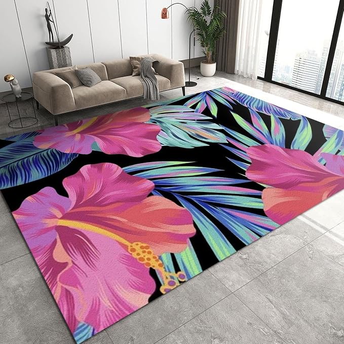 5x6 Area Rugs Red Banana Flowers Green Leaves Indoor Non-Slip Kids Rug, Art Colorful Tropical Plants Upholstery Rug with Non-Slip Backing for Kids Boys Girls Bedroom Living Room Dining Room Study