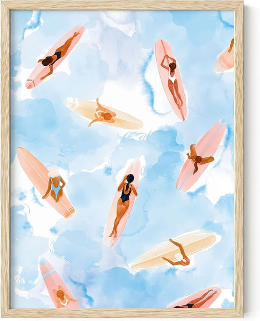 HAUS AND HUES Surfing Beach Wall Art - Watercolor Surfboard Print, Coastal Room Decor (Beige Frame, 12x16)
