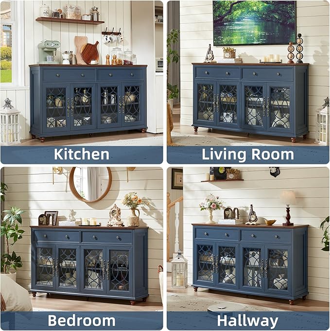 Farmhouse Sideboard Buffet Cabinet Set of 2 with Storage,59" Large Credenza with 4 Glass Doors & 2 Drawers,Adjustable Shelves Console Table,Wood Kitchen Coffee Bar for Dining Room,Blue