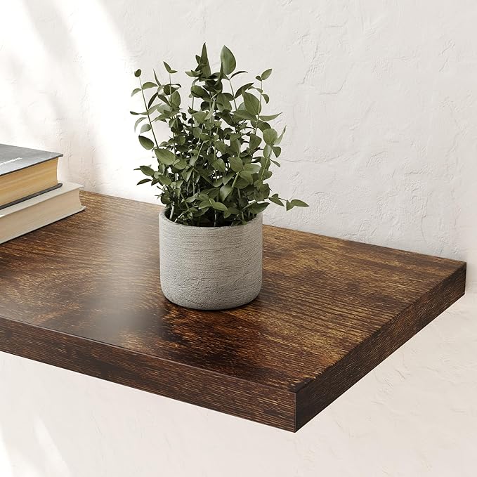 Wall Shelf Set of 1, Rustic Brown Floating Shelves 24 in W x 10 in D x 1 in H, Wooden Floating Wall Shelf with Invisible Brackets for Living Room/Bedroom/Bathroom/Kitchen Storage and Decor