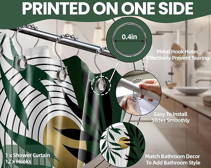 Olive Green and Gold Shower Curtain, Boho Modern Mid Century Shower Curtains for Bathroom Decor Set, Waterproof Fabric with Hooks,36" W x 72" L