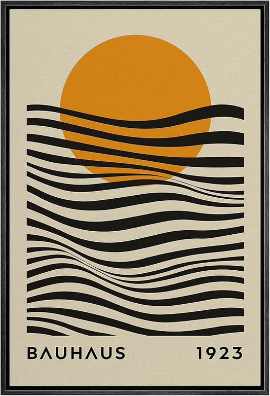 MUDECOR Framed Canvas Print Wall Art Mid-Century Bauhaus Geometric Sun Waves Shapes Abstract Illustrations Modern Art Minimal Multicolor Relax/Calm for Living Room, Bedroom, Office - 16"x24" Black