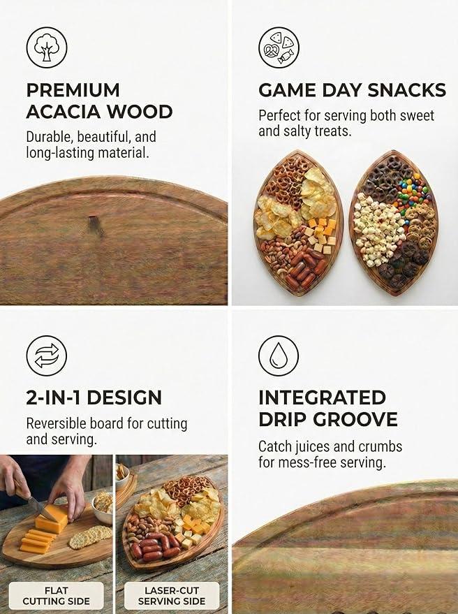 Football Shaped Cutting Board – 16X9.5 INCH – Acacia Wood Charcuterie Tray – Wooden Football Serving Platter for Super Bowl Parties, Tailgate Hosting & Gifts