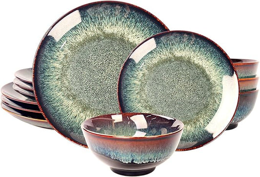 Dinner Set 12 Pieces - Round Reactive Glaze Tableware - Kitchen Dinnerware Porcelain Crockery with Dinner Plate, Bowl and Soup Plate Service for 4, Microwave Dishwasher Safe, Set (No.2)