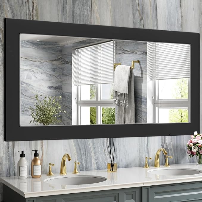 71'''x32'' Rustic Wall Mirror for Bathroom Black Wood Frame, Classic Rectangle Mirror Farmhouse Vanity Wall Mirror Decor Living Room, Bedroom, Entryway