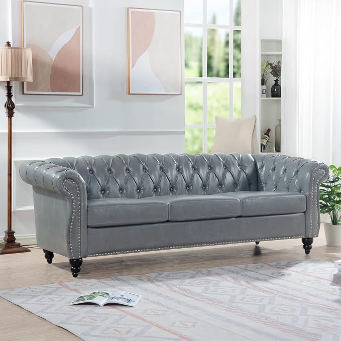 LEVNARY Chesterfield Sofa, Classic Tufted Upholstered Leather Couch, Modern 3 Seater Couch Furniture with Tufted Back for Living Room Office (Gray)