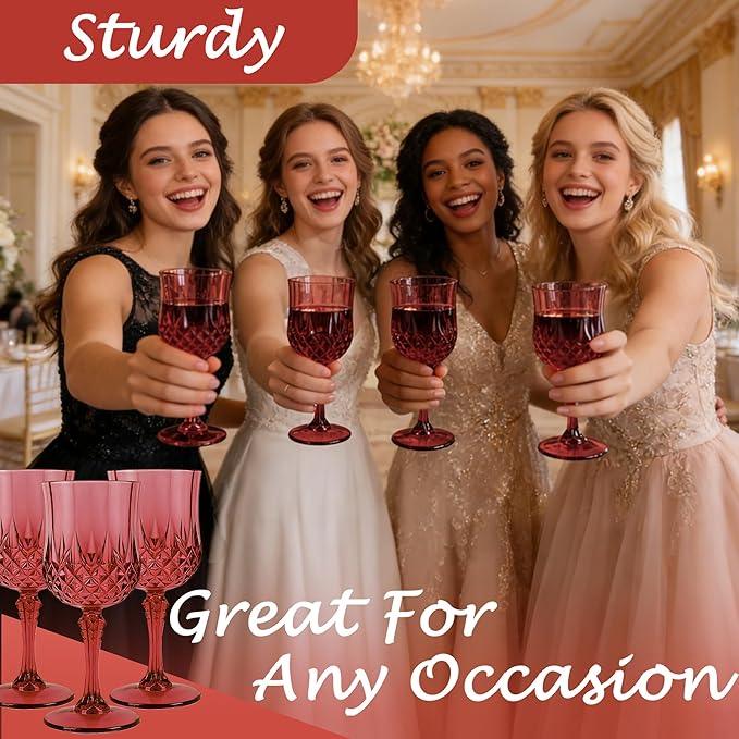 Plastic Wine Glasses, Plastic Goblets Vintage Style Cordial Drinking Glasses for Valentine’s Day, Wedding Reception, Grand Event Party Supplies (24, Scarlet Rose)