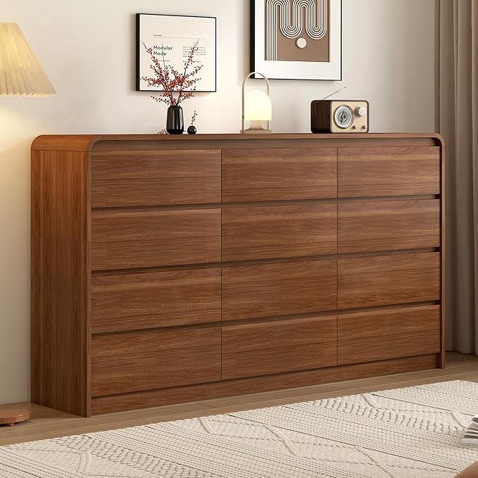 Modern 12-Drawer Dresser 63-Inch Wide, Curved Anti-Collision Design, Mid-Century Storage Cabinet with Pre-Embedded Slots, Sturdy Reusable, Ideal for Bedroom/Living Room/TV (Brown, 12-63)